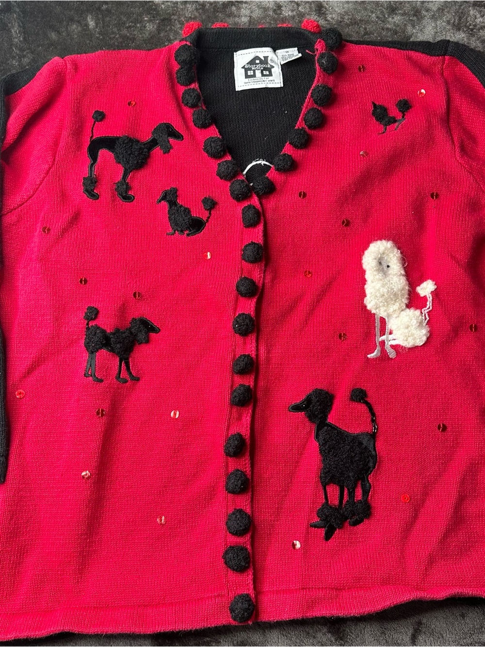 Storybook Knits Red and Black Poodle Appliqué Cardigan